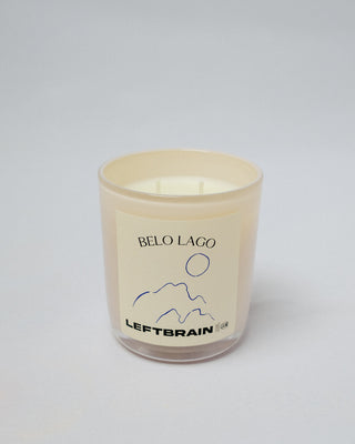 Hand-poured Belo Lago Candle on a white background, highlighting its minimalist design and calming home fragrance.