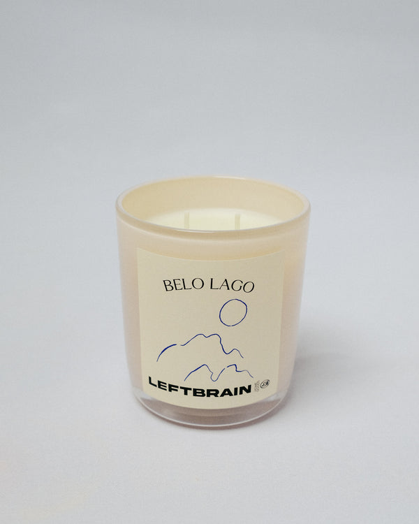 Hand-poured Belo Lago Candle on a white background, highlighting its minimalist design and calming home fragrance.