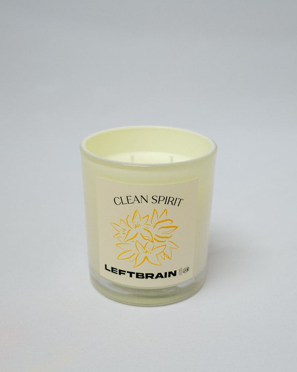 Hand-poured Clean Spirit Candle on a white background, highlighting its minimalist design and calming home fragrance.